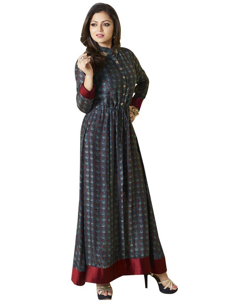 Designer Blue Chanderi Kurti Kurta Dress Size XL SCLT911-Ethnic's By Anvi Creations-Designer Kurti
