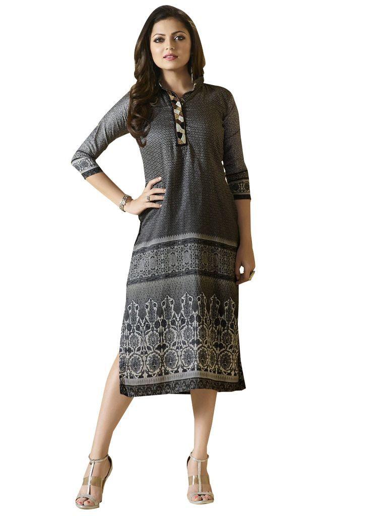 Designer Gray Rayon Kurti Kurta Dress Size XL SCLT913-Ethnic's By Anvi Creations-Designer Kurti