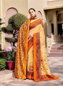 Light Yellow Dola Silk Saree with Shawl AAS41 - Ethnic's By Anvi Creations
