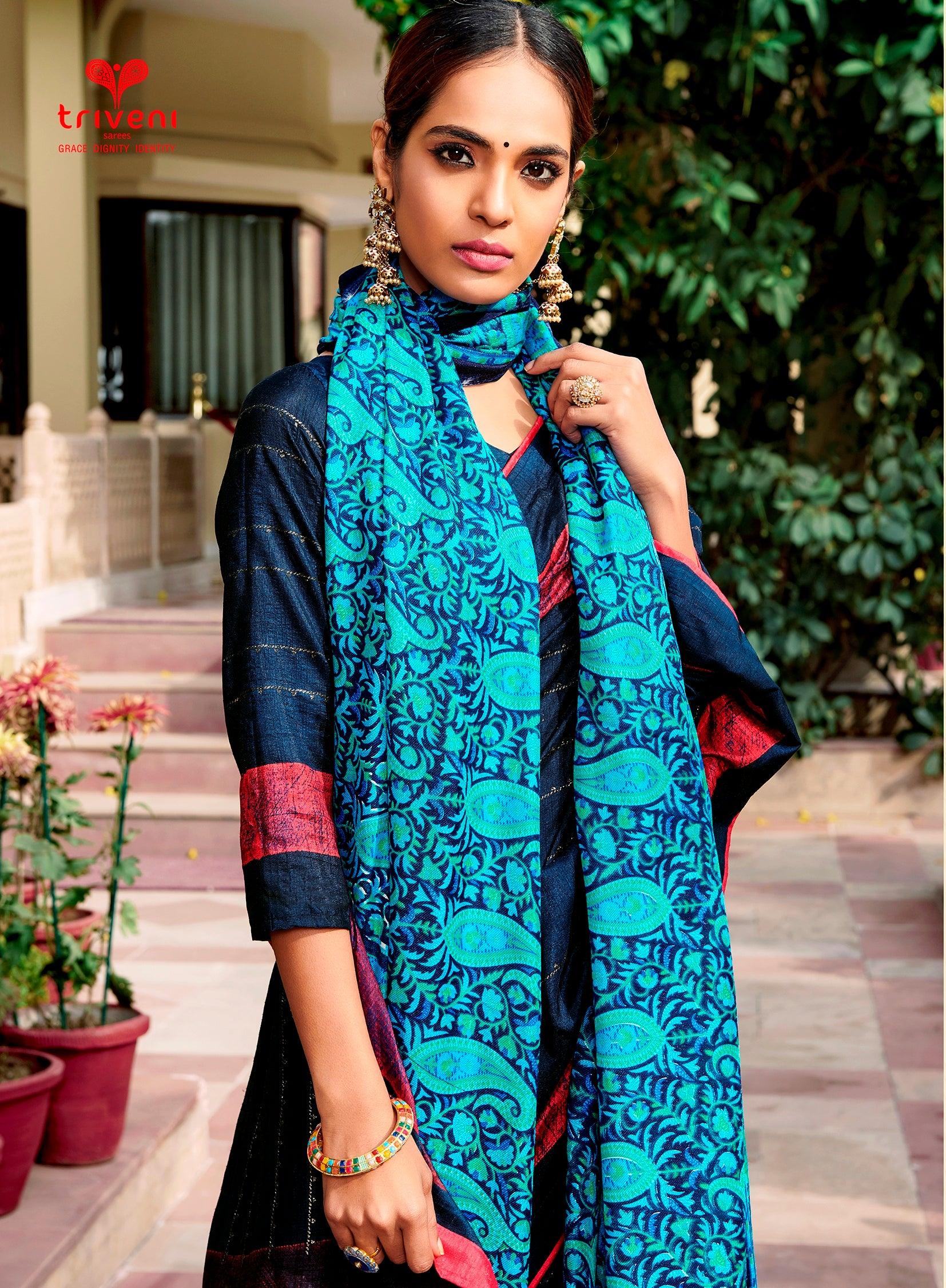 Printed Pashmina Saree and Shawl in Off White, Blue and Multicolored P –  Bengal Looms India