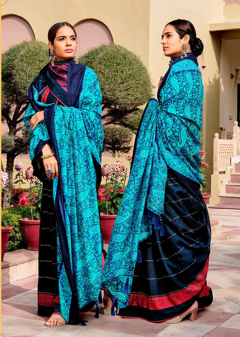 Navy Blue Dola Silk Saree with Shawl AAS42 - Ethnic's By Anvi Creations