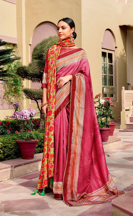 Onion Pink Dola Silk Saree with Shawl AAS43 - Ethnic's By Anvi Creations