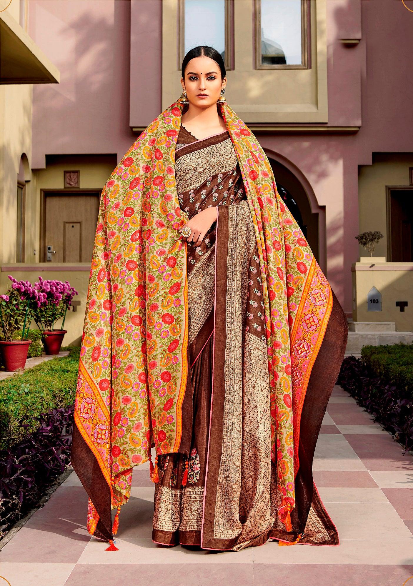 SRS40020 Pashmina silk saree with extra shawl To purchase this product mail  us at ho*****@***** or whatsapp us on +91983… | Saree, Kashmiri shawls,  Indian bride