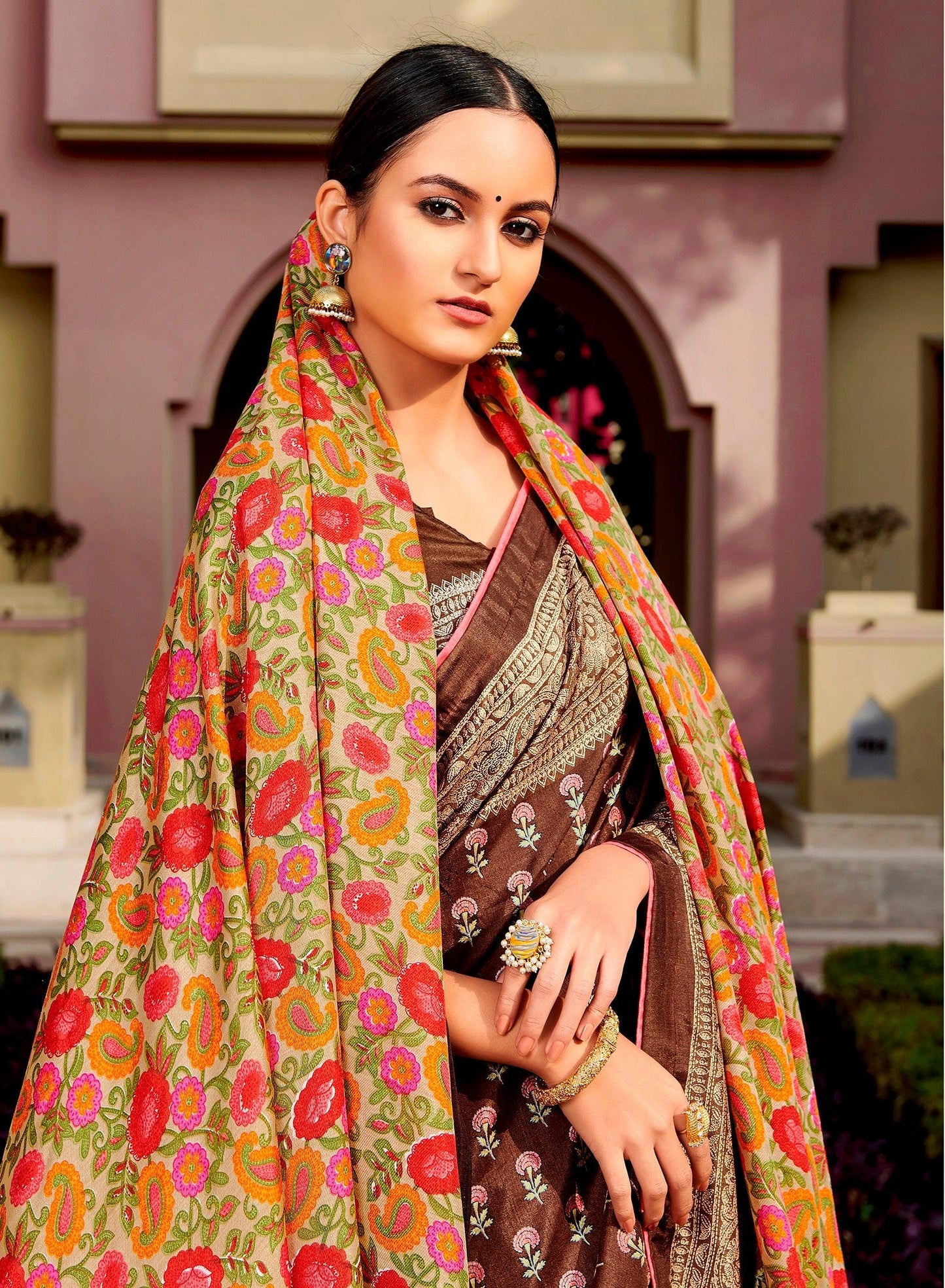 Brown Dola Silk Saree with Shawl AAS44 - Ethnic's By Anvi Creations