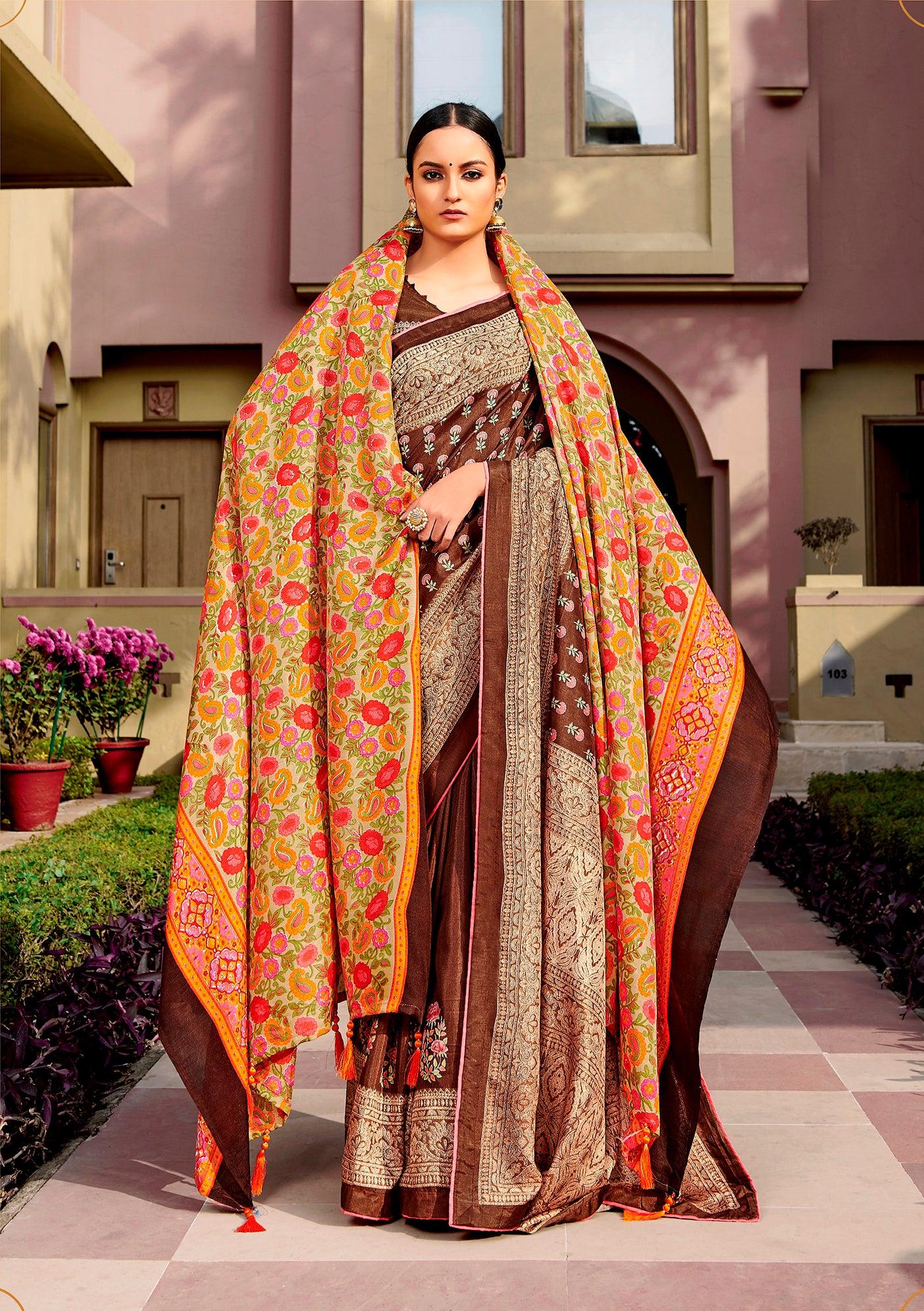 Brown Dola Silk Saree with Shawl AAS44 - Ethnic's By Anvi Creations