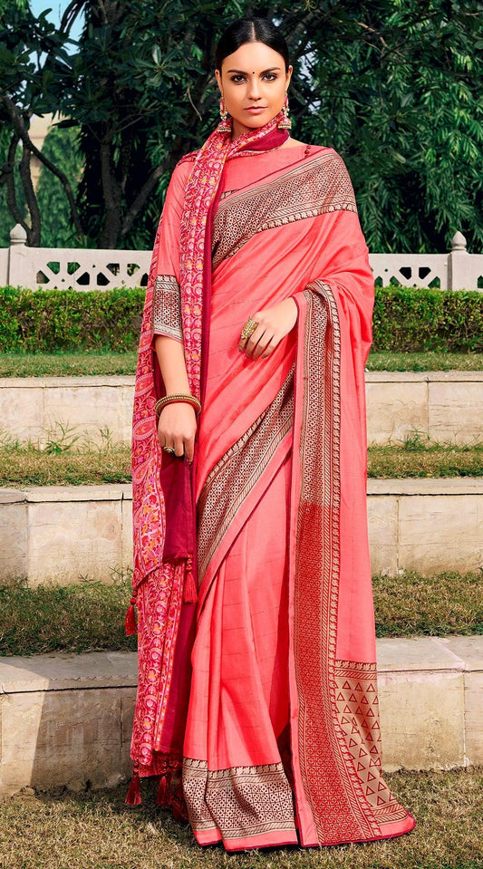 Carrot Pink Dola Silk Saree with Shawl AAS45 - Ethnic's By Anvi Creations