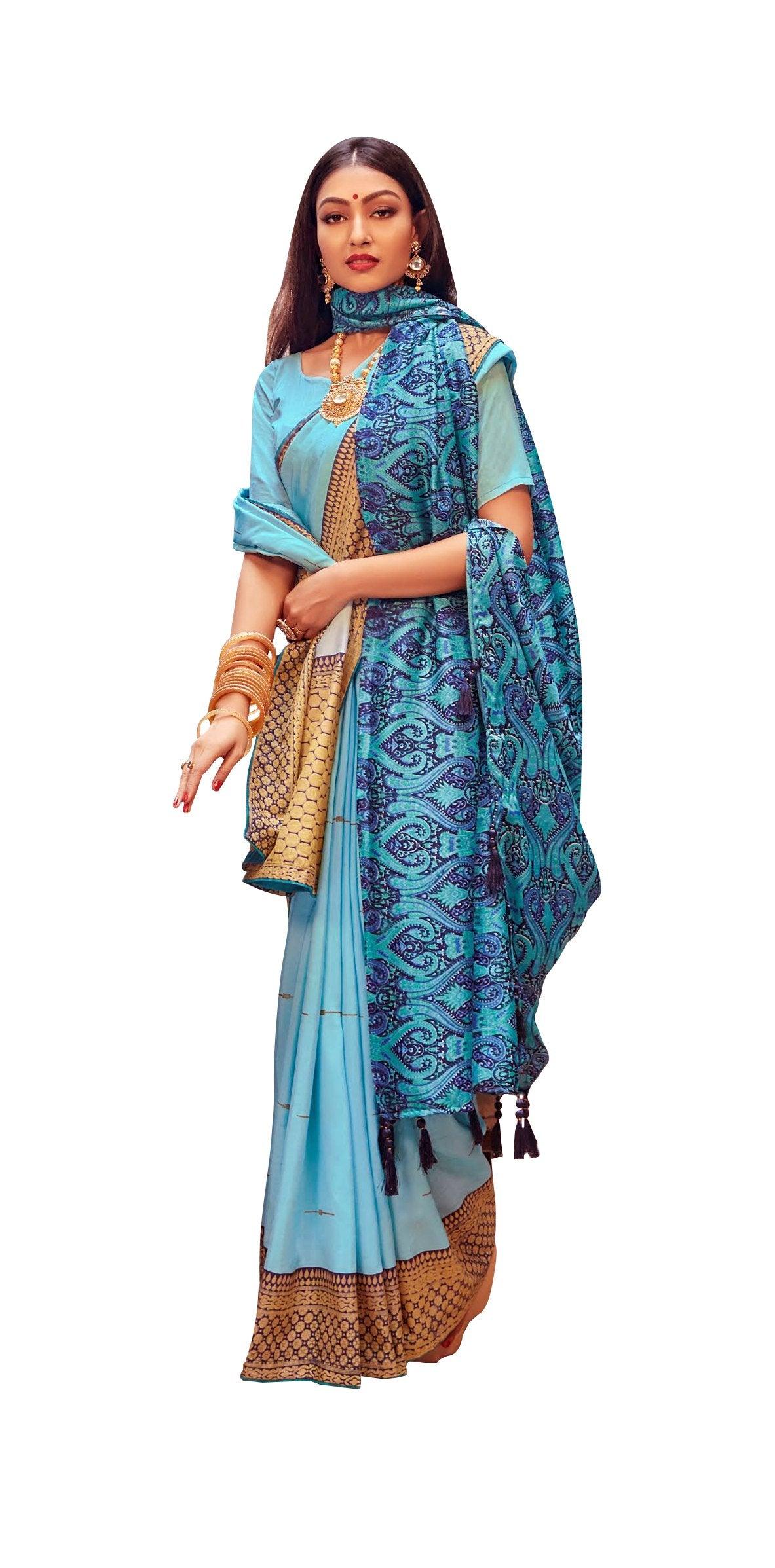 Light Blue Dola Silk Saree with Shawl AAS76-Anvi Creations-Designer Saree