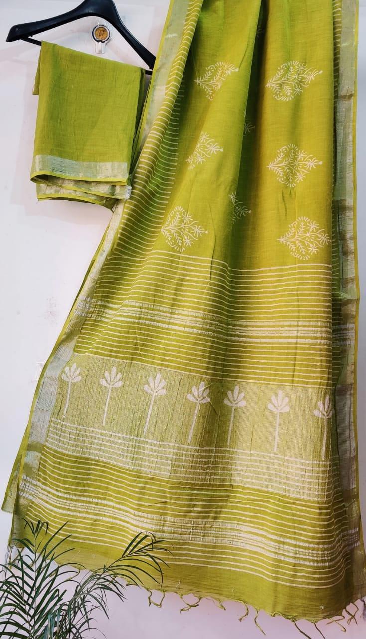 Exclusive Green Slub Cotton Linen Hand Block Printed Saree AASL08 - Ethnic's By Anvi Creations