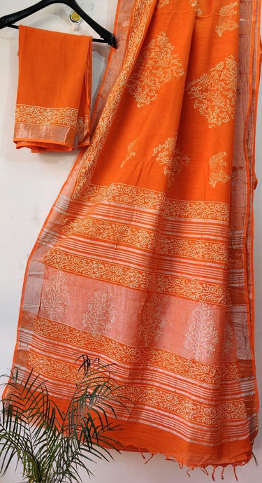 Exclusive Orange Slub Cotton Linen Hand Block Printed Saree AASL11 - Ethnic's By Anvi Creations