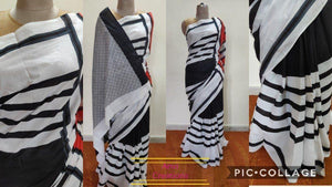 Exclusive Black White Striped Hand Block Printed Mulmul Cotton saree AA10-Anvi Creations-Handloom