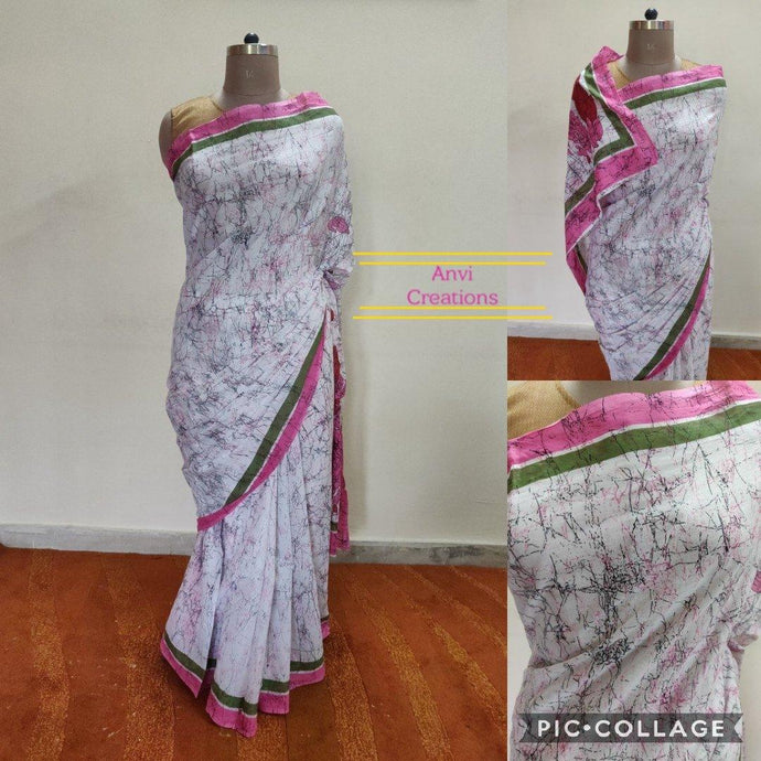 Off white Pink Batik Block Printed Cotton saree AA11-Anvi Creations-Handloom