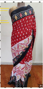 Red Black Block Printed Cotton saree AA12-Anvi Creations-Handloom