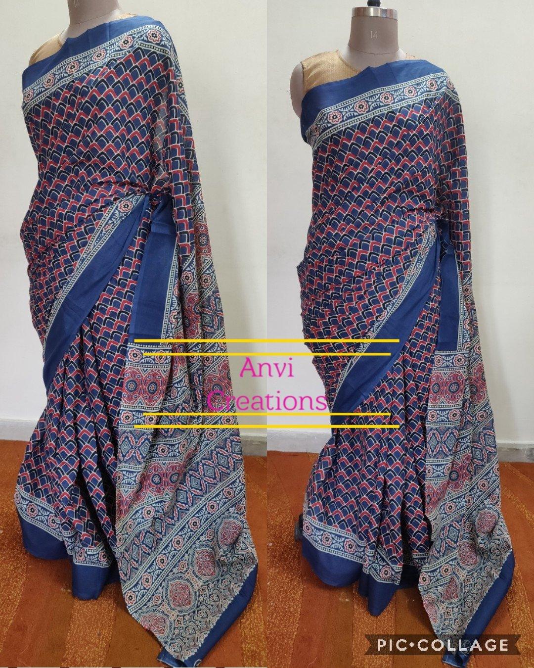 Blue Hand Block Printed Mulmul Cotton saree AA14-Anvi Creations-Handloom