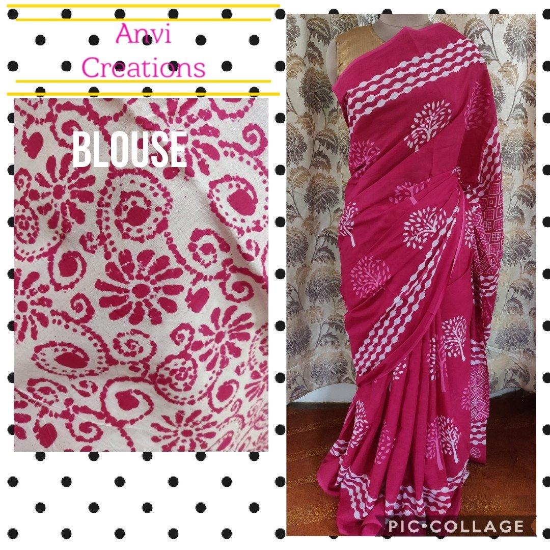Pink Hand Block Printed Mulmul Cotton saree AA15-Anvi Creations-Handloom