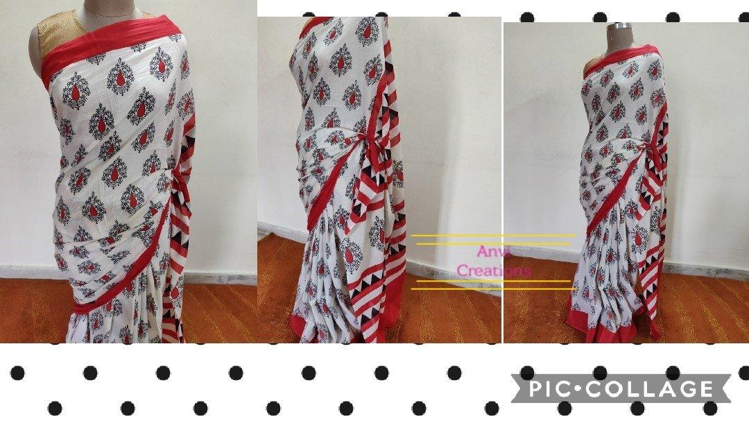 Off white Hand Block Printed Mulmul Cotton saree AA02-Anvi Creations-Handloom