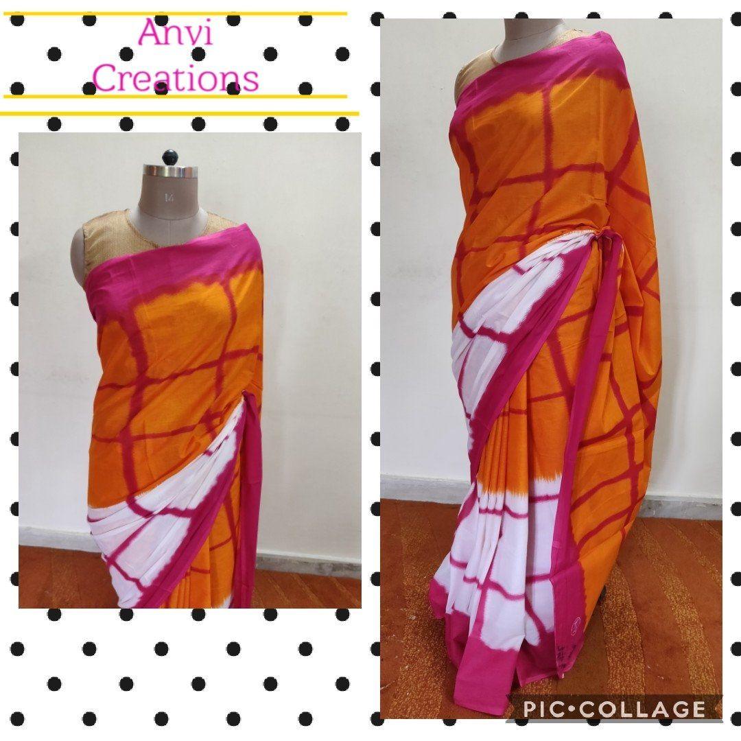 Orange Hand Block Printed Cotton saree AA06-Anvi Creations-Handloom