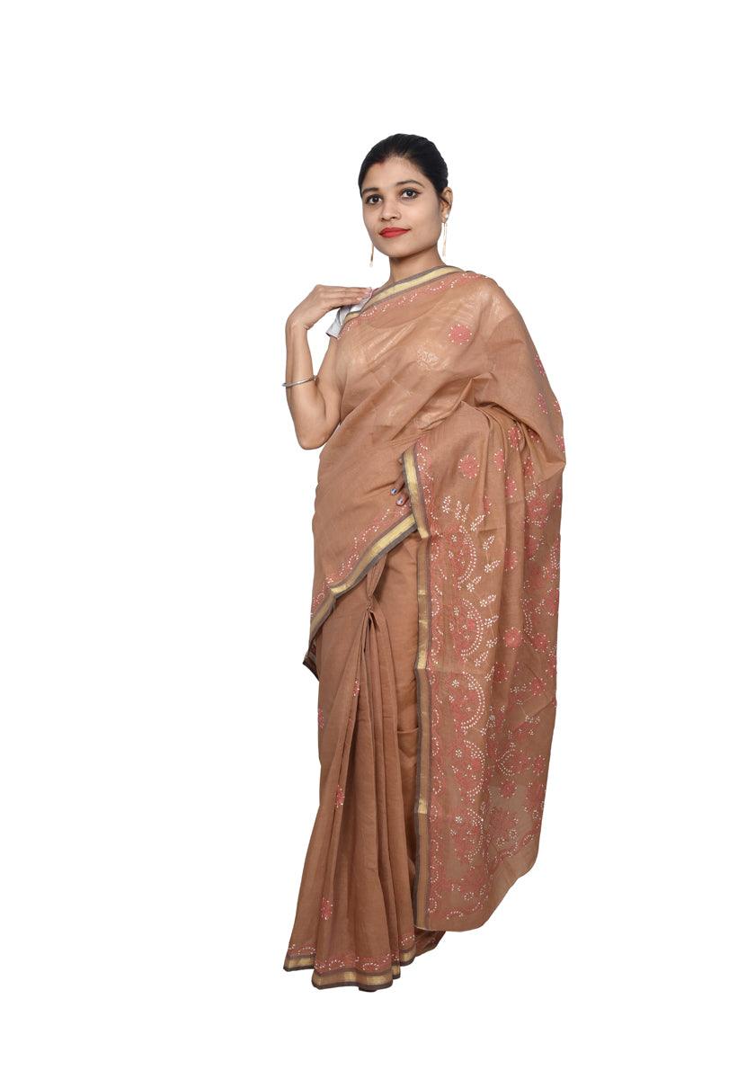 Light Brown Handloom Cotton Chikankari Saree ACC09-Anvi Creations-Chikan Lakhnavi Saree,Handloom Cotton Chikan Saree