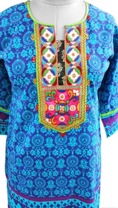 Blue Cotton Neck Work Long Stitched Kurta Dress Size 42 ACC39-Anvi Creations-Kurta,Kurti,Top,Tunic