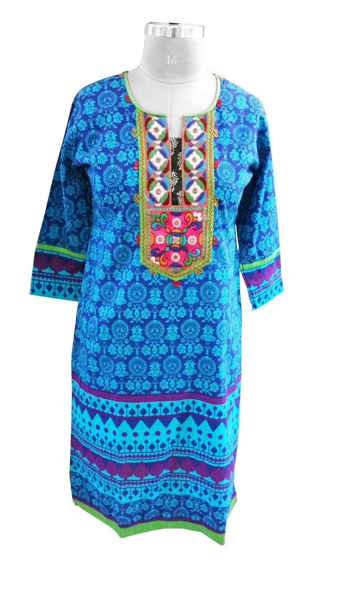 Blue Cotton Neck Work Long Stitched Kurta Dress Size 42 ACC39-Anvi Creations-Kurta,Kurti,Top,Tunic