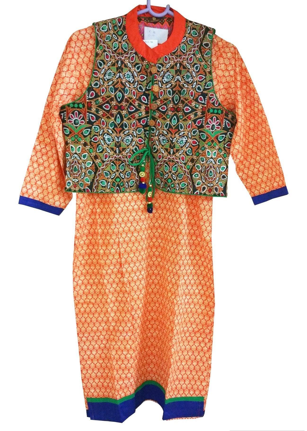 Orange Cotton Stitched Kurta With Embroidered Jacket Dress Size 38 ACC40-Anvi Creations-Kurta,Kurti,Top,Tunic