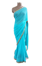 Load image into Gallery viewer, Turquoise Green Faux Georgette Lacer Work saree-Anvi Creations-Designer Saree