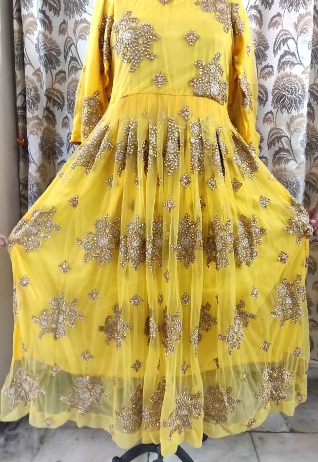 Designer Semi Stitched Heavy Embroidered Yellow Long Gown ACG01-Anvi Creations-Partywear Gown