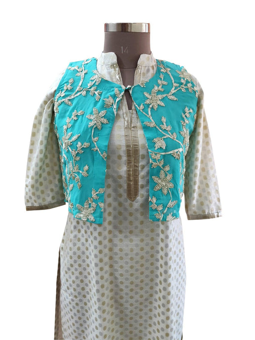 Turquoise Green  Gotta Embroidered Ethnic Jacket Shrug ACJ02-Anvi Creations-Jacket,Koti