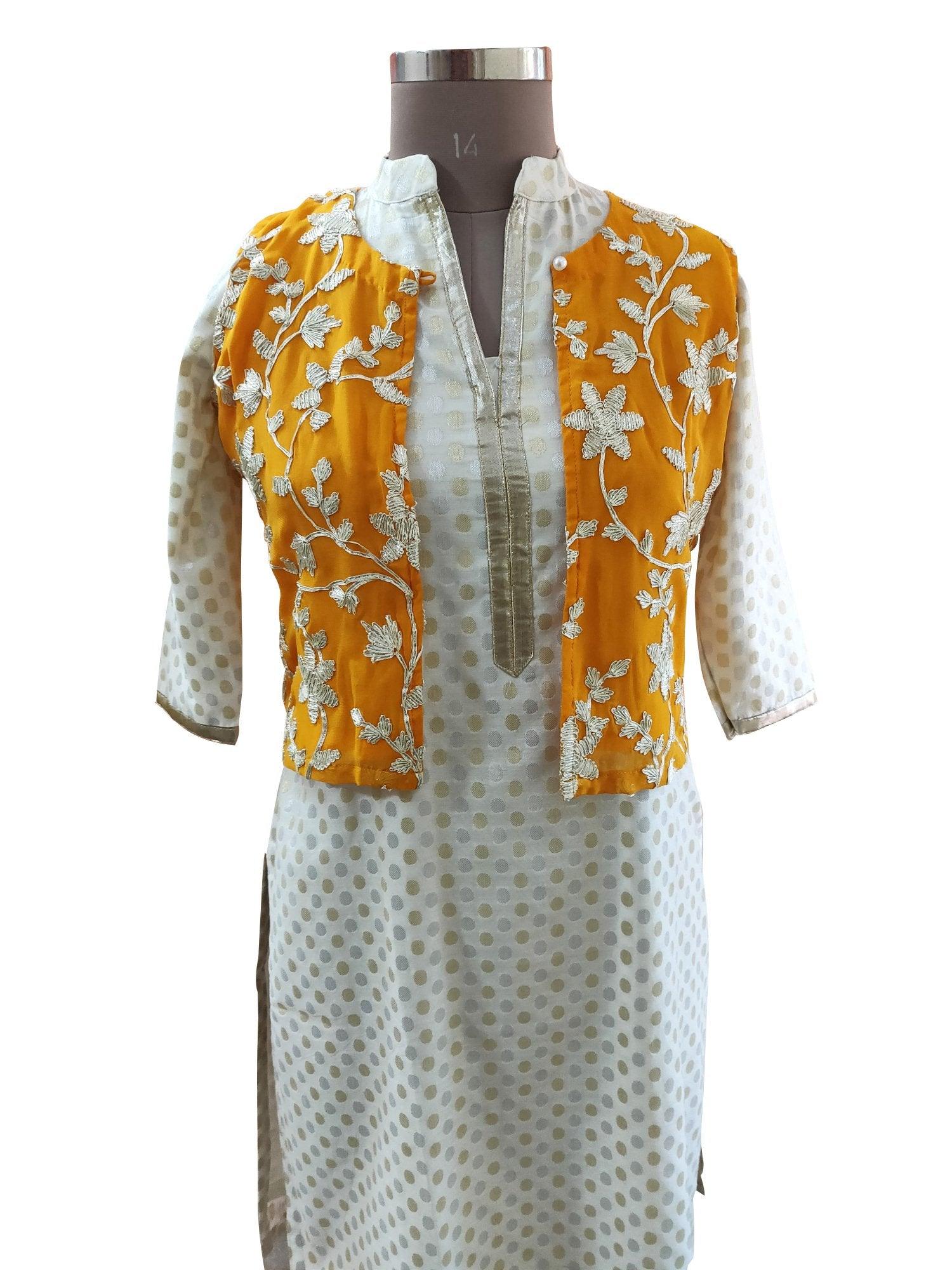 Mustard Yellow Gotta Embroidered Ethnic Jacket Shrug ACJ08-Anvi Creations-Jacket,Koti