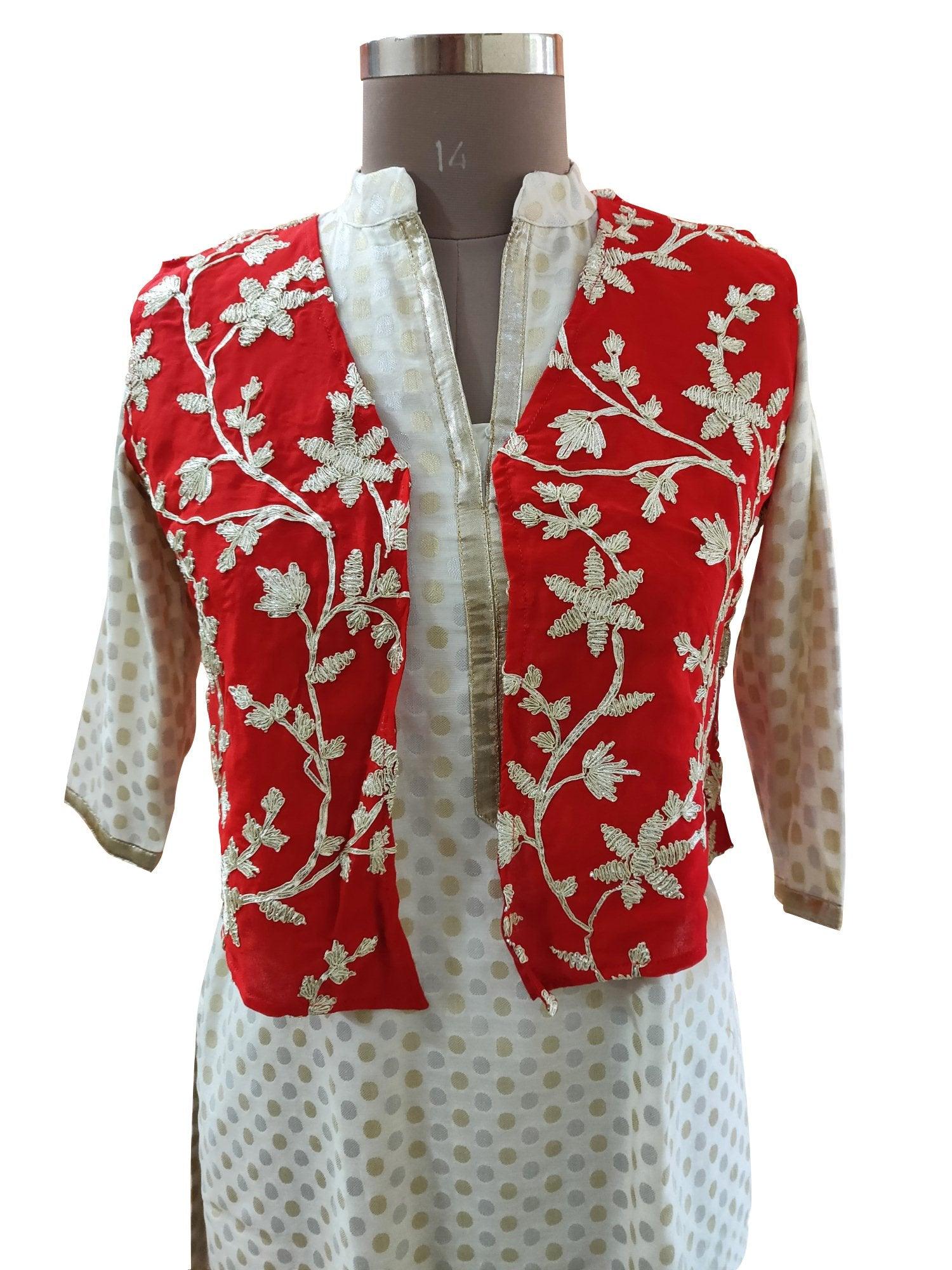 Red Gotta Embroidered Ethnic Jacket Shrug ACJ10-Anvi Creations-Jacket,Koti