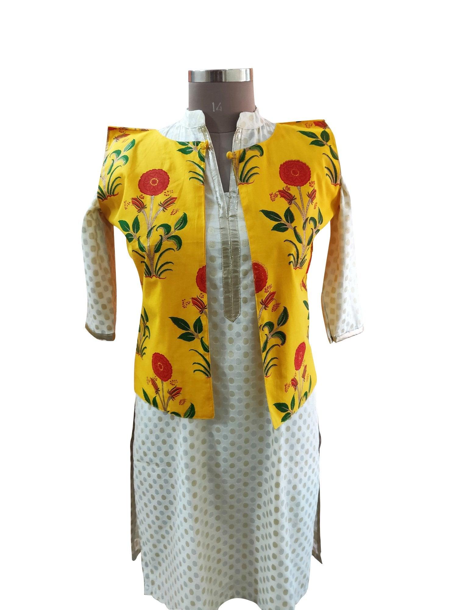 Yellow Cotton Block Printed Ethnic Jacket ACJ16-Anvi Creations-Jacket,Koti