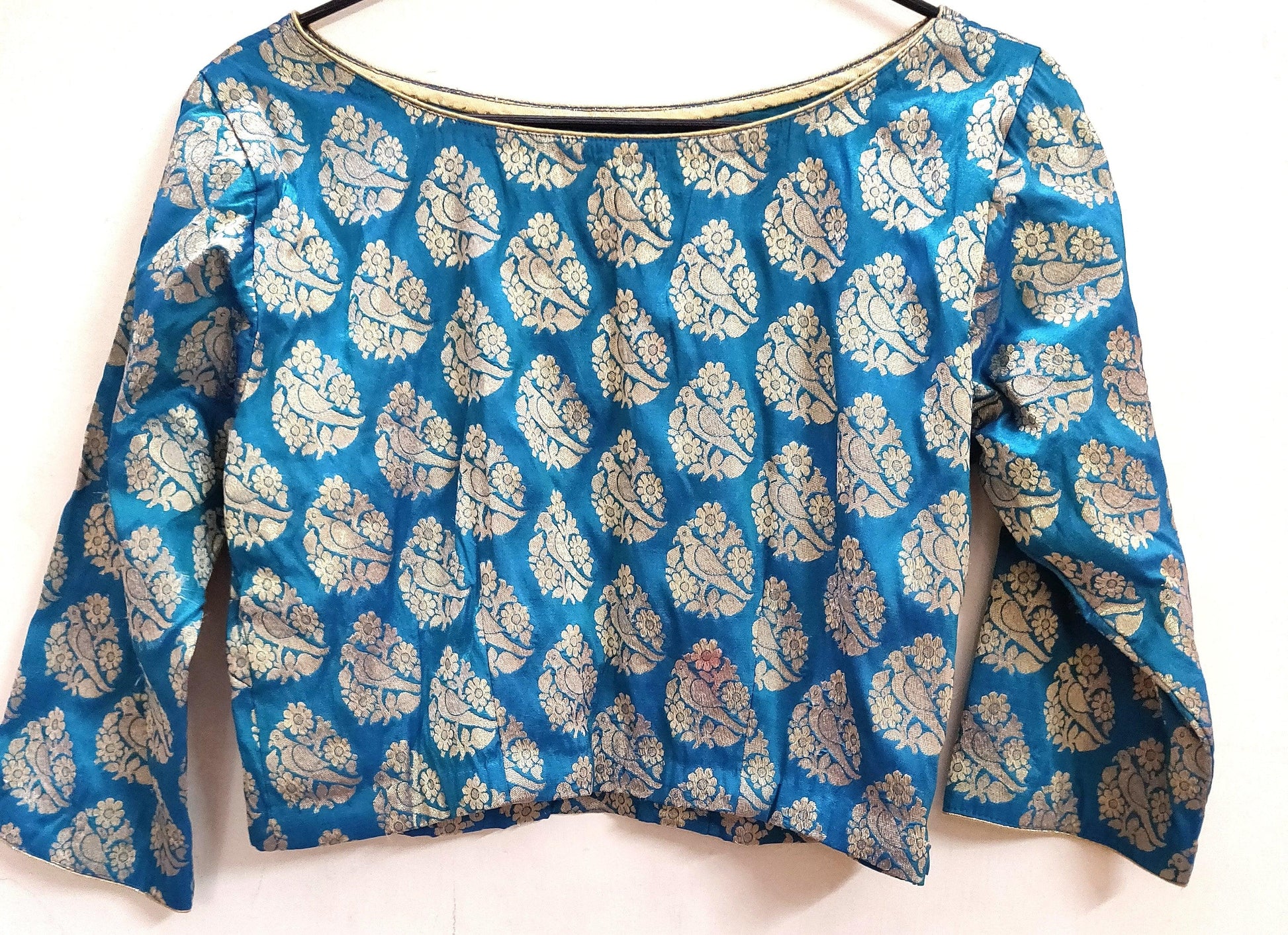 Designer Firozi Blue Peacock Motif Brocade Ready to Wear Blouse ACP13-Ethnic's By Anvi Creations-Blouse,Readymade Blouse
