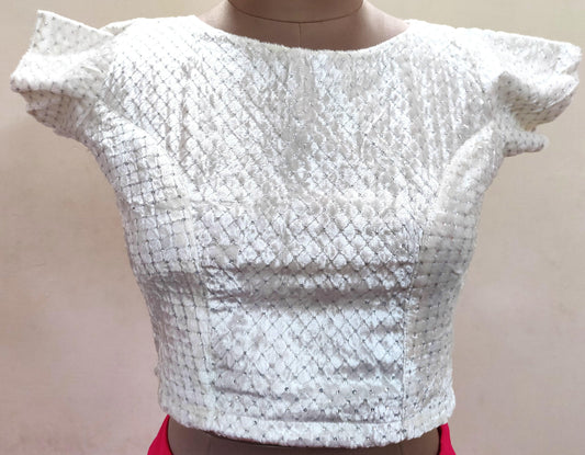 Designer White Velvet Embelished Ready to Wear Crop Top Blouse ACP18-Ethnic's By Anvi Creations-Blouse,Readymade Blouse