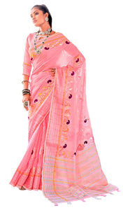 Baby Pink Pure Linen Cotton saree with Gotta Patti Work AD4701 - Ethnic's By Anvi Creations