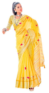 Yellow Pure Linen Cotton saree with Gotta Patti Work AD4703 - Ethnic's By Anvi Creations