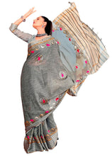 Load image into Gallery viewer, Grey Pure Linen Cotton saree with Gotta Patti Work AD4705 - Ethnic&#39;s By Anvi Creations
