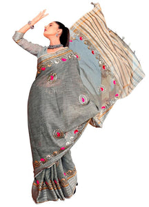 Grey Pure Linen Cotton saree with Gotta Patti Work AD4705 - Ethnic's By Anvi Creations