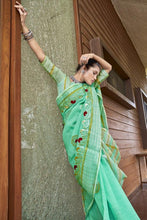 Charger l&#39;image dans la galerie, Turquoise Green Pure Linen Cotton saree with Gotta Patti Work AD4706 - Ethnic&#39;s By Anvi Creations