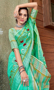 Turquoise Green Pure Linen Cotton saree with Gotta Patti Work AD4706 - Ethnic's By Anvi Creations