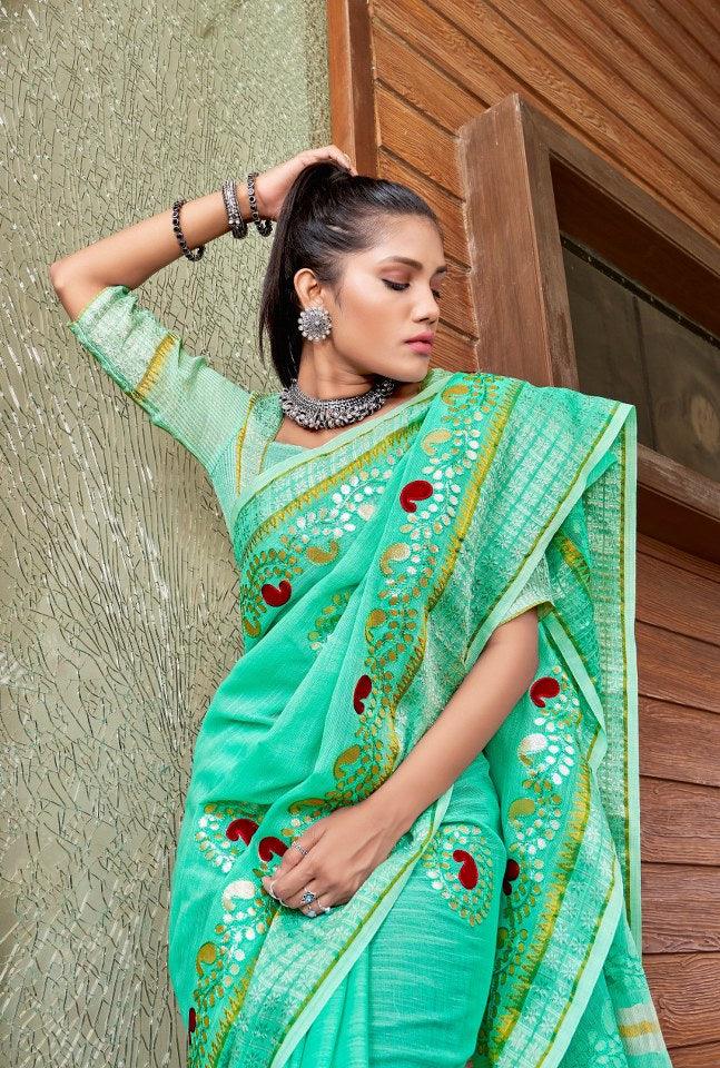Turquoise Green Pure Linen Cotton saree with Gotta Patti Work AD4706 - Ethnic's By Anvi Creations