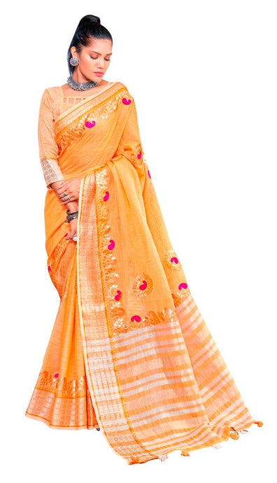 Light Orange Pure Linen Cotton saree with Gotta Patti Work AD4707 - Ethnic's By Anvi Creations