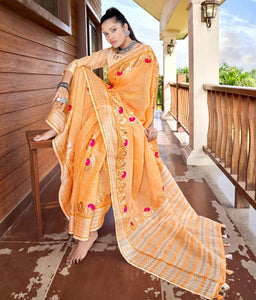 Light Orange Pure Linen Cotton saree with Gotta Patti Work AD4707 - Ethnic's By Anvi Creations