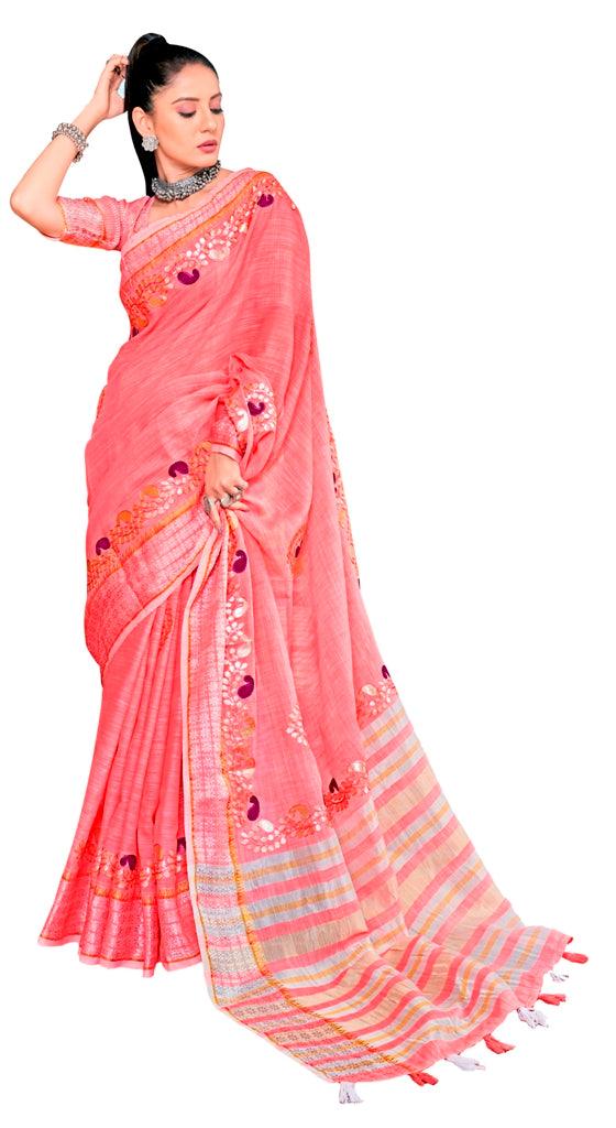 Peachy Pink Pure Linen Cotton saree with Gotta Patti Work AD4708 - Ethnic's By Anvi Creations