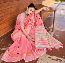 Load image into Gallery viewer, Peachy Pink Pure Linen Cotton saree with Gotta Patti Work AD4708 - Ethnic&#39;s By Anvi Creations