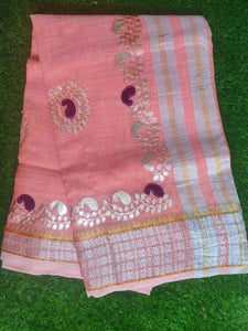 Peachy Pink Pure Linen Cotton saree with Gotta Patti Work AD4708 - Ethnic's By Anvi Creations