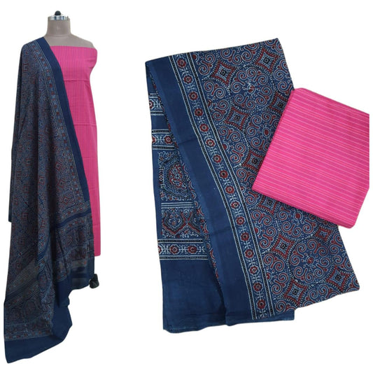 Pink Kantha Embroidered Kurta Top with Ajrakh Printed Dupatta AJK01 - Ethnic's By Anvi Creations