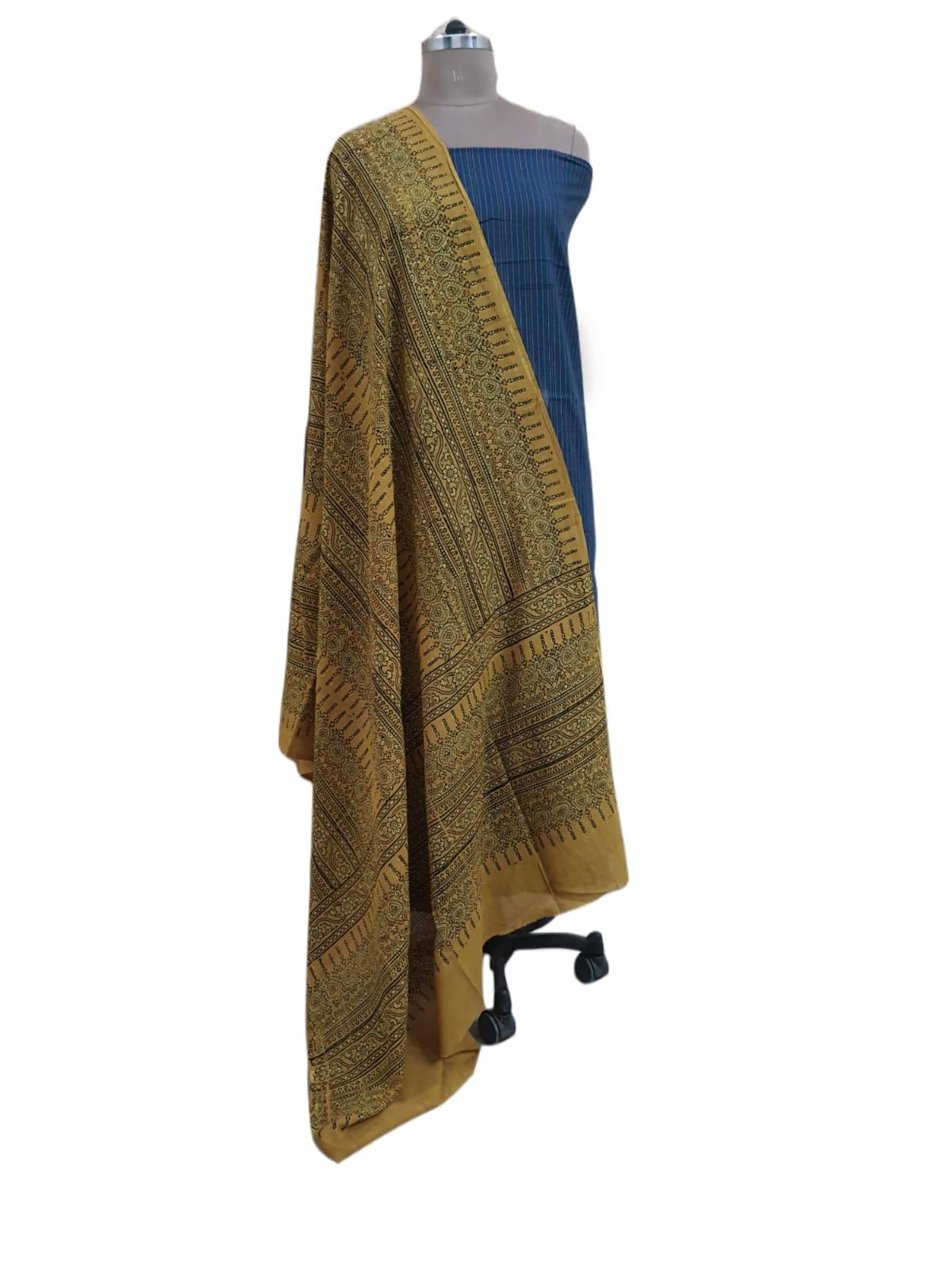 Blue Kantha Embroidered Kurta Top with Ajrakh Printed Dupatta AJK04 - Ethnic's By Anvi Creations
