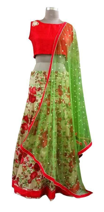 Buy Scakhi Beige Raw Silk Floral Print Lehenga Choli Dupatta (Set of 3)  online