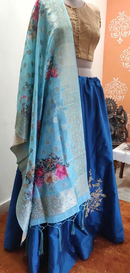Designer Teal Blue Dupion Silk Ready To Wear Lehenga Skirt with Banara –  Ethnic's By Anvi Creations