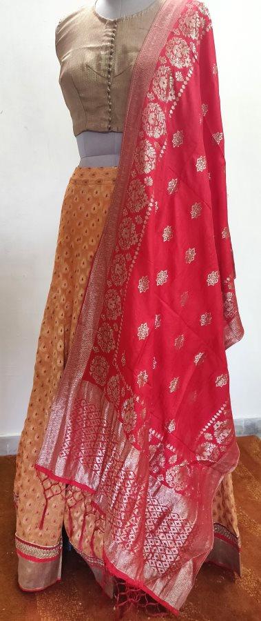 Designer Pure Georgette Peach Ready To Wear Lehenga Skirt with Banarasi Dupatta ALC28 - Ethnic's By Anvi Creations