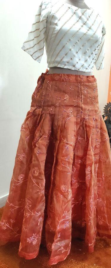 Designer Rust Orange Organza Embroidered Ready To Wear Lehenga Skirt Only ALC30 - Ethnic's By Anvi Creations